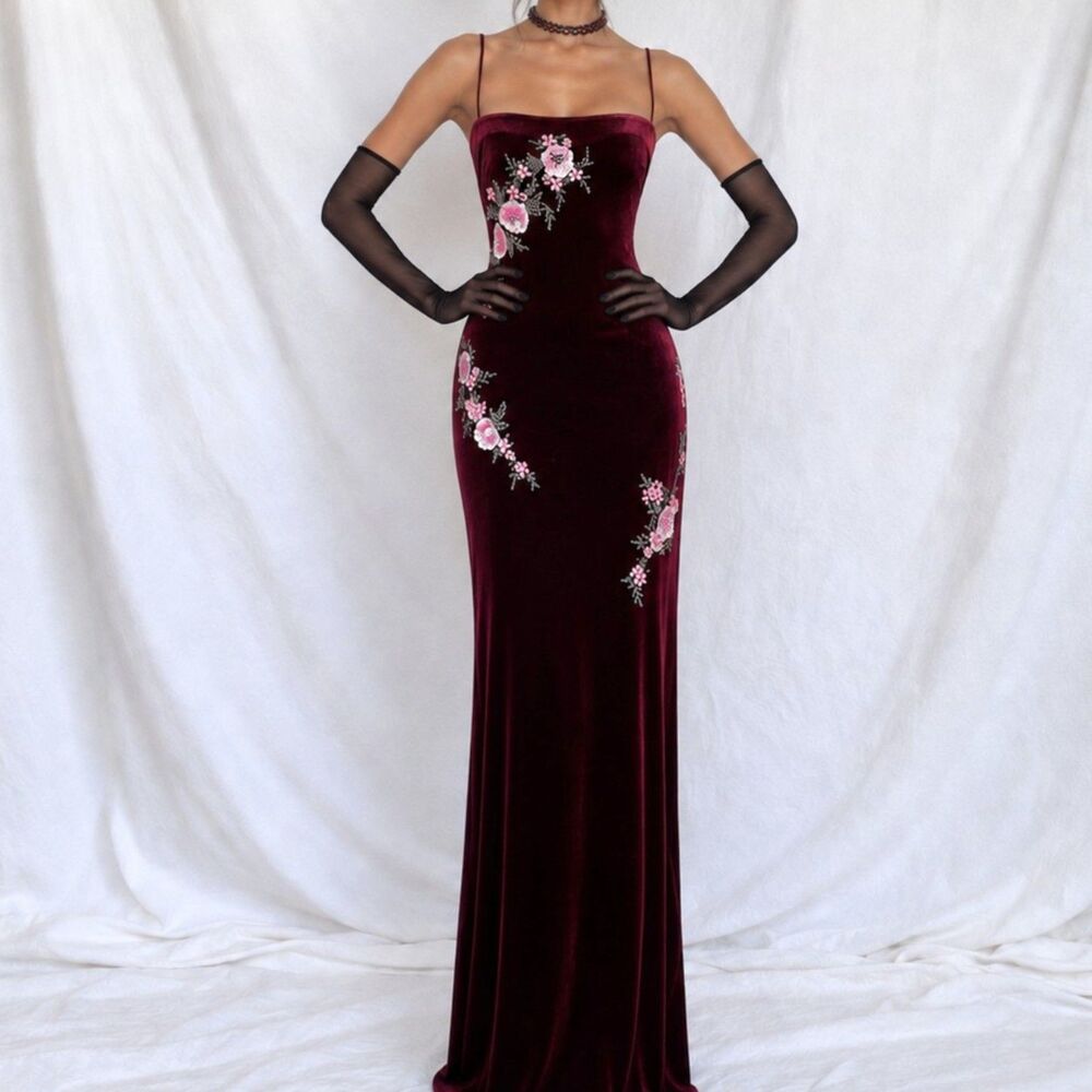 Vintage Y2K Pink Purple Floral Beaded Knit Velvet Bodycon Maxi Prom Dress Size L